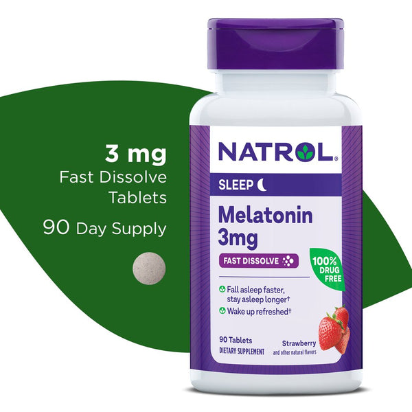 Natrol Melatonin Fast Dissolve Sleep Aid Tablets, Strawberry, Drug-Free, 3Mg, 90 Count