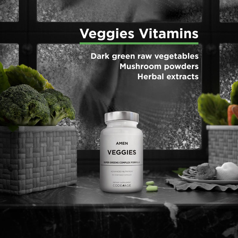 Amen Veggies, Whole-Food Raw Greens Daily Multivitamin Capsules, Mushroom Complex, Vegan, 90 Ct