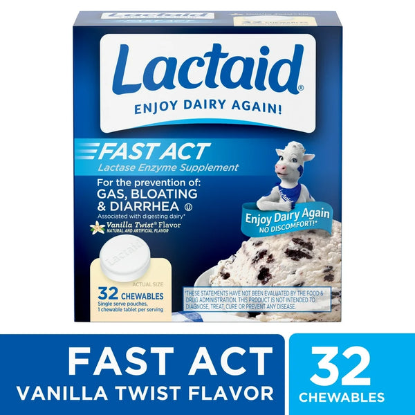 Lactaid Fast Act Lactose Relief Chewables, Vanilla, 32 Packs of 1Ct