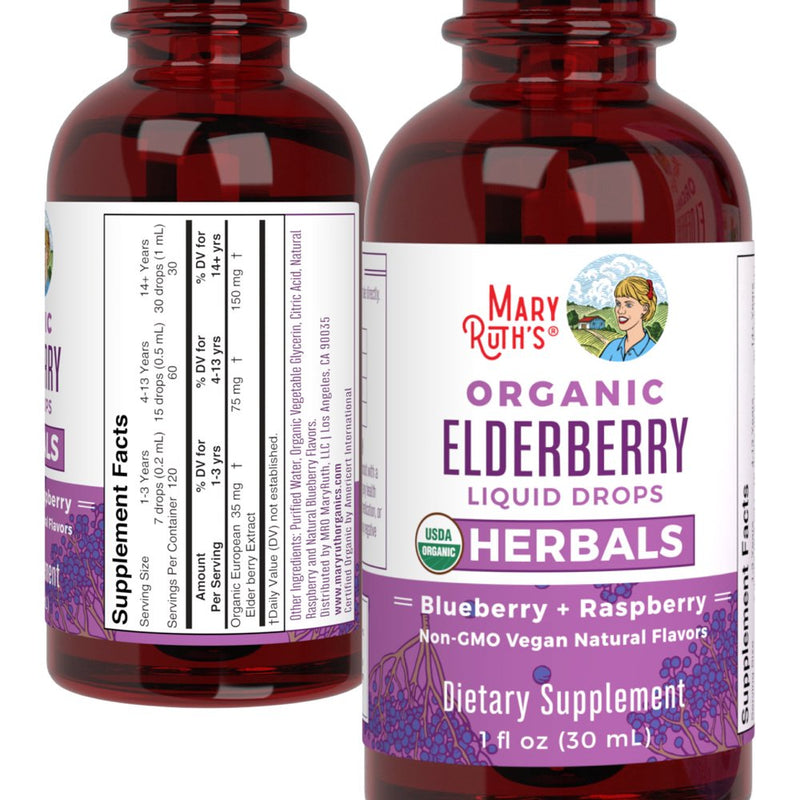 Maryruth Organics Organic Elderberry Liquid Drops, Herbals, Blueberry + Raspberry, 1 Fl Oz (30 Ml)