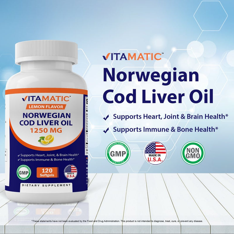 3 Pack - Vitamatic Norwegian Cod Liver Oil 1250Mg 120 Softgels (Lemon Flavor) - Promotes Cardiovascular Health