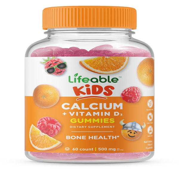 Kids Calcium + Vitamin D3 Gummies, Natural Fruit, 250 Mg, 60 Gummies, Lifeable