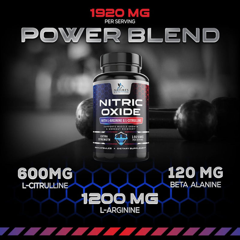 Extra Strength Nitric Oxide Supplement L Arginine 3X Strength - Citrulline Malate, AAKG, Beta Alanine - Premium Muscle Supporting Nitric Oxide Booster for Strength & Energy Supplements - 240 Capsules