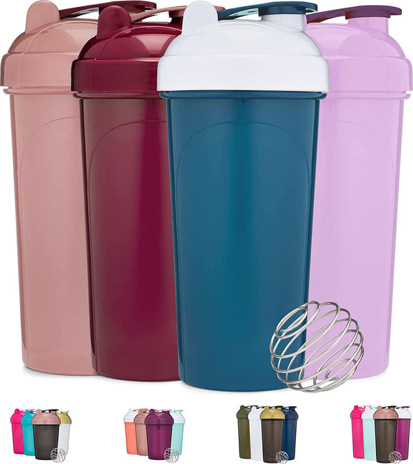 [4 Pack] 28-Ounce Shaker Bottle | Protein Shaker Cup 4-Pack with Wire Whisk Balls (Lavender, Rose, Teal/White, Maroon) | Protein Shaker Bottle Set is BPA Free and Dishwasher Safe