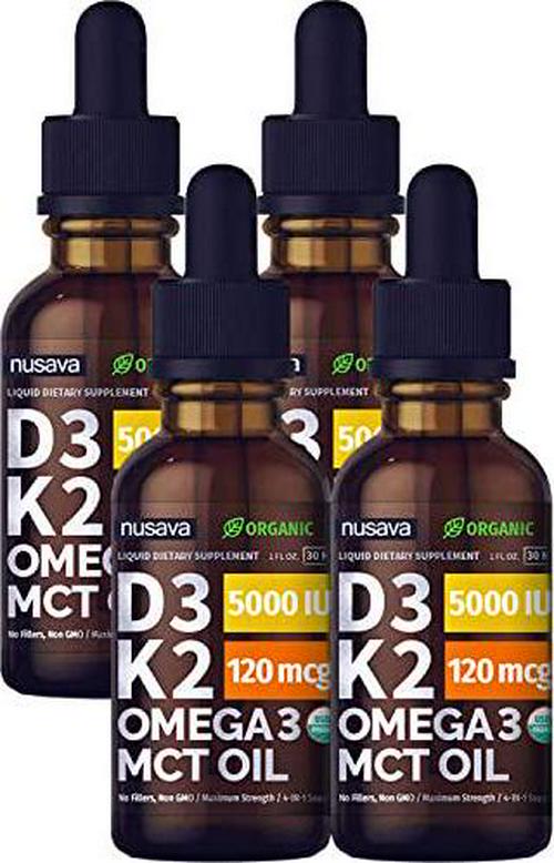 (4 Pack) Organic Vitamin D3 K2 Drops w MCT Oil Omega 3, 5000 IU, Maximum Strength Vitamin D Liquid 5000 IU, No Fillers, Non-GMO Liquid D3 for Faster Absorption and Immune Support, Unflavored, 4 Fl Oz