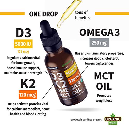 (4 Pack) Organic Vitamin D3 K2 Drops w MCT Oil Omega 3, 5000 IU, Maximum Strength Vitamin D Liquid 5000 IU, No Fillers, Non-GMO Liquid D3 for Faster Absorption and Immune Support, Unflavored, 4 Fl Oz