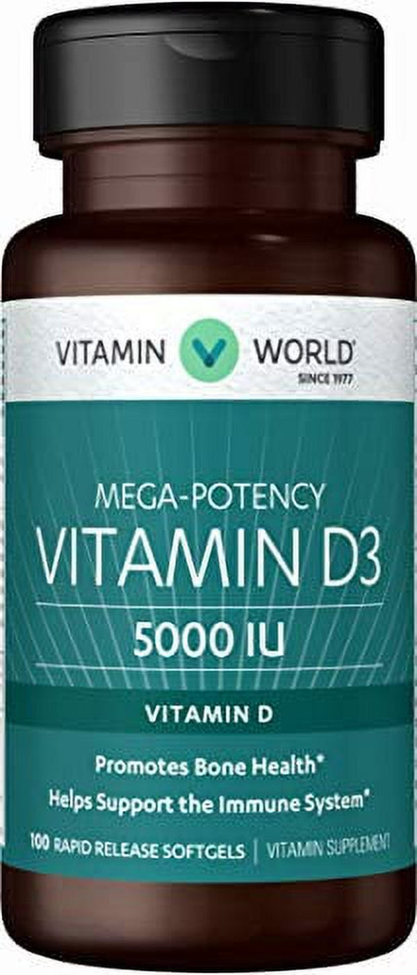 Vitamin World Vitamin D3 5000 IU 100 Softgels, Mega-Potency, Bioavailable, Promotes Bone Health, Helps Support Immune System, Rapid-Release, Gluten Free
