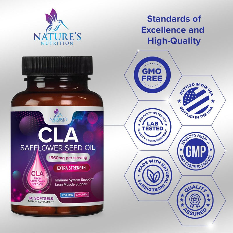 Conjugated Linoleic Acid CLA 1560Mg - Extra High Potency CLA Supplement Pills - Improve Body Composition & Lean Muscle Tone, Metabolism & Energy - Nature'S Safflower Capsules, Non-Gmo - 60 Softgels