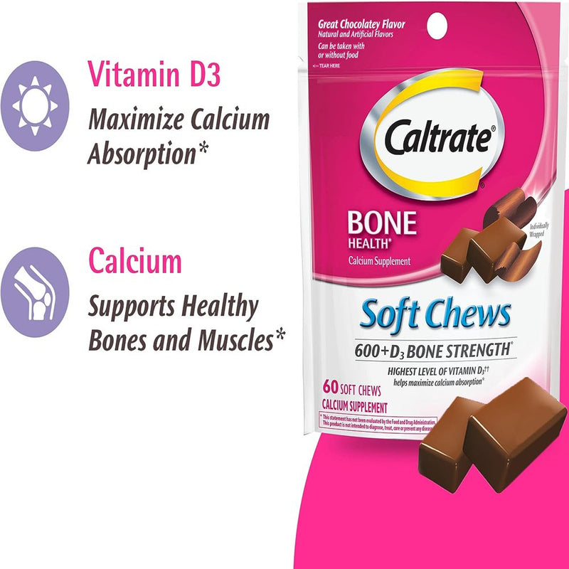 Caltrate Calcium Supplement W/ 600+D3 Bone Strength, Chocolate Flavor, 60Ct