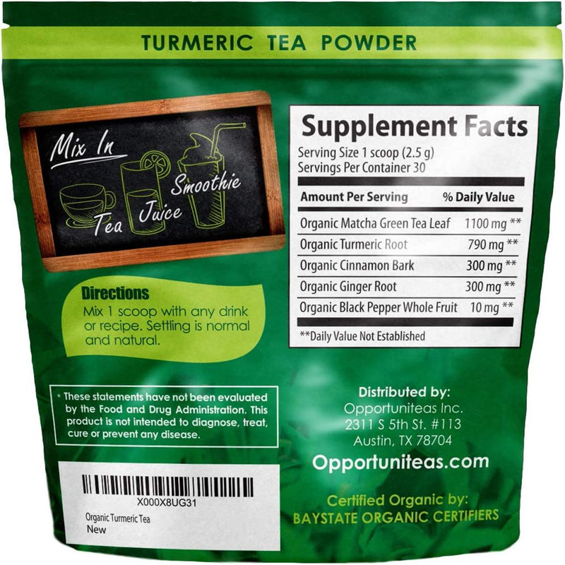 Opportuniteas Turmeric Organic Tea Superfood Powder for Joint Health with Matcha Green Tea, Ginger, Cinnamon 30 Servings
