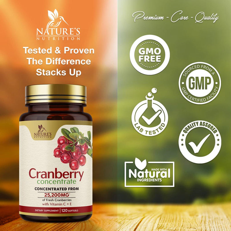 Cranberry Supplement Pills + Extra Strength Vitamin C & E, 25,200Mg Formula Supports Urinary Tract Health Non-Gmo and Gluten Free Nature'S Cranberry Pill Supplement - 120 Softgels