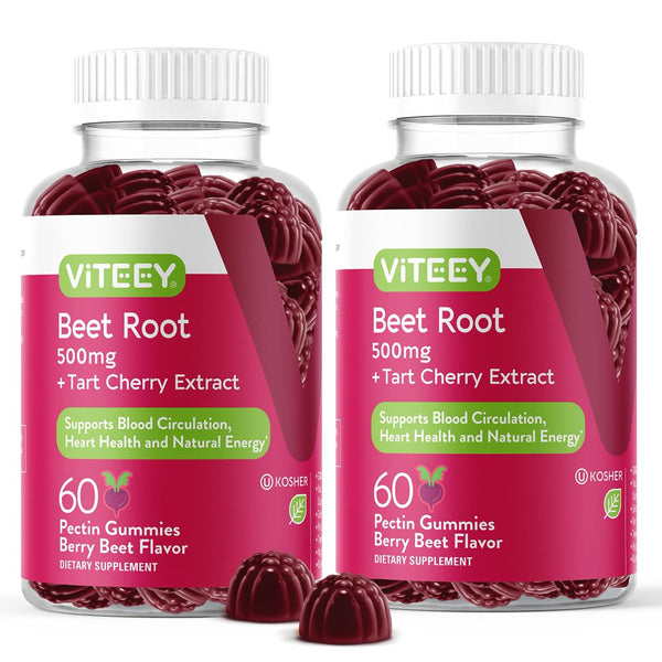 Beet Root Gummies 500Mg plus Tart Cherry - Nitric Oxide Circulation Gummies - Blood Pressure plus Heart Health - Immune & Circulation Support - Energy Booster - Gelatin GMO Gluten Free, Chewable Gummy
