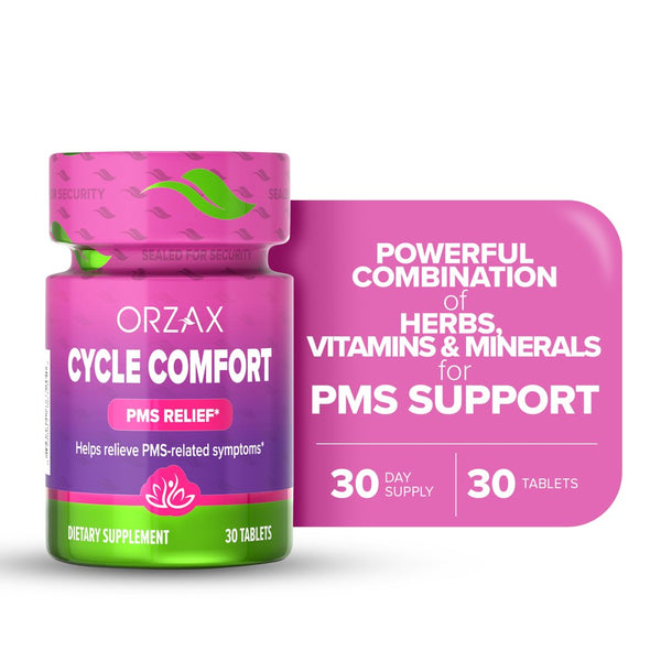 ORZAX Cycle Comfort - Natural Herbal Hormonal Support for PMS - Hormone Balance for Women - Period Support for Cramps - Promotes Positive Mood - 30 Tablets