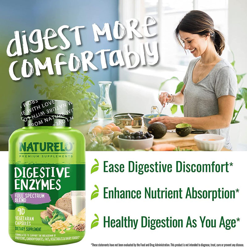 NATURELO Digestive Enzymes - Full Spectrum Support with a Broad Blend of 15 Enzymes plus Ginger - 90 Vegan Capsules