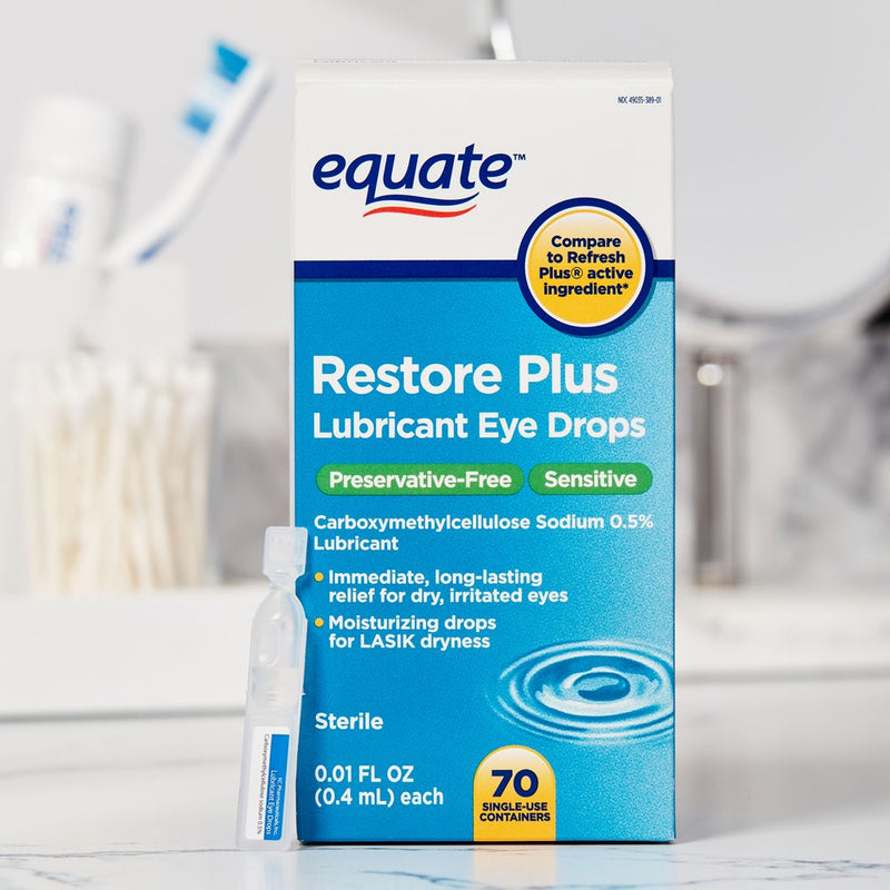 Equate Restore plus Carboxymethylcellulose Sodium Lubricant Eye Drops, 0.1 Fl Oz, 70 Count