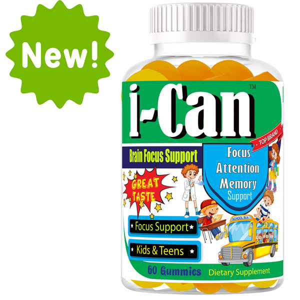 I-Can Brain Focus Supplements for Kids & Teens, Memory Booster Brain Vitamins with Omega 3 6 9, EPA DHA- 60 Gummy Vitamins