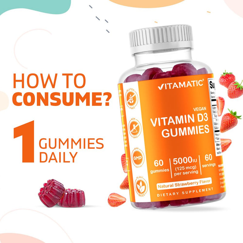 2 Pack Vitamatic Vitamin D3 Gummies - 5000 IU - 60 Vegan Gummies - Great Taste - Healthy Bones, Teeth, Mood, Joint & Immune System Function (Total 120 Count)