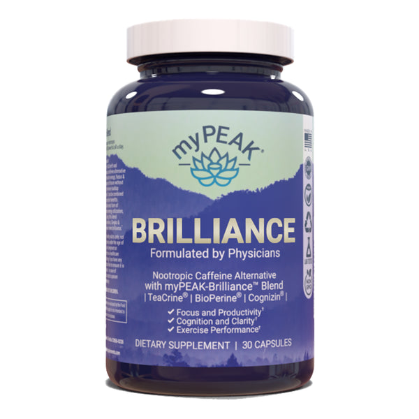 Mypeak Brilliance: Nootropic Focus Supplement for 8-Hours of Sustained Energy, Reduce Fatigue, Enhance Focus, Improve Memory, Caffeine-Free Pre-Workout with Theacrine, Theanine, Gingko, B-Complex