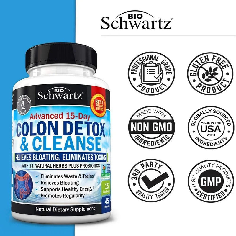 Bioschwartz Colon Cleanser Detox for Weight Loss | 15 Day Cleanse for Constipation Relief & Bloating Support | Non-Gmo, 45 Ct