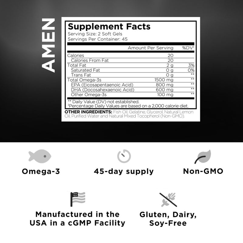 Amen Omega-3 Supplement, EPA DHA Fatty Acids Fish Oil Capsules, Brain Health, Cognition, 90 Softgels