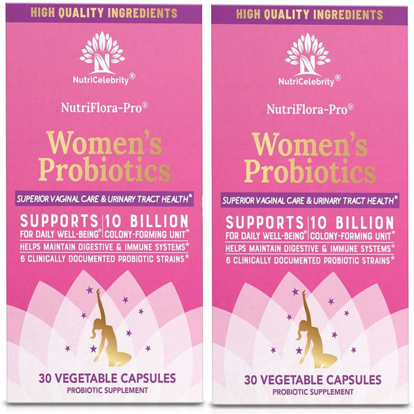 Nutricelebrity Nutriflora-Pro Probiotics for Women - Support Vaginal, Urinary Health (UTI), Digestive System, Period Pain, Yeast, and BV Relief, Cranberry Pills, 10 Billion CFU 6 Strains 30 Cap 2 Pack