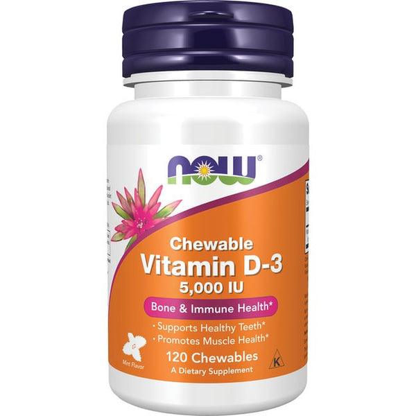 NOW Supplements, Vitamin D-3 5,000 IU, Natural Mint Flavor, Structural Support*, 120 Chewables