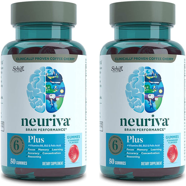 Neuriva plus Brain Health Support Strawberry Gummies (50 Count), Brain Support with Phosphatidylserine, Vitamin B6 & Decaffeinated, Clinically Tested Coffee Cherry, 2 Pack