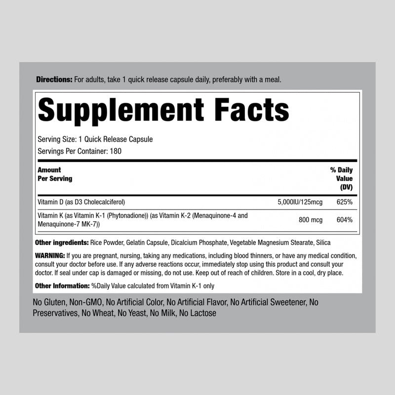 Vitamin K2 MK7 with D3 | 180 Capsules | 800 Mcg Complex | Vitamin D3 5000 IU | Non-Gmo, Gluten Free | by Piping Rock