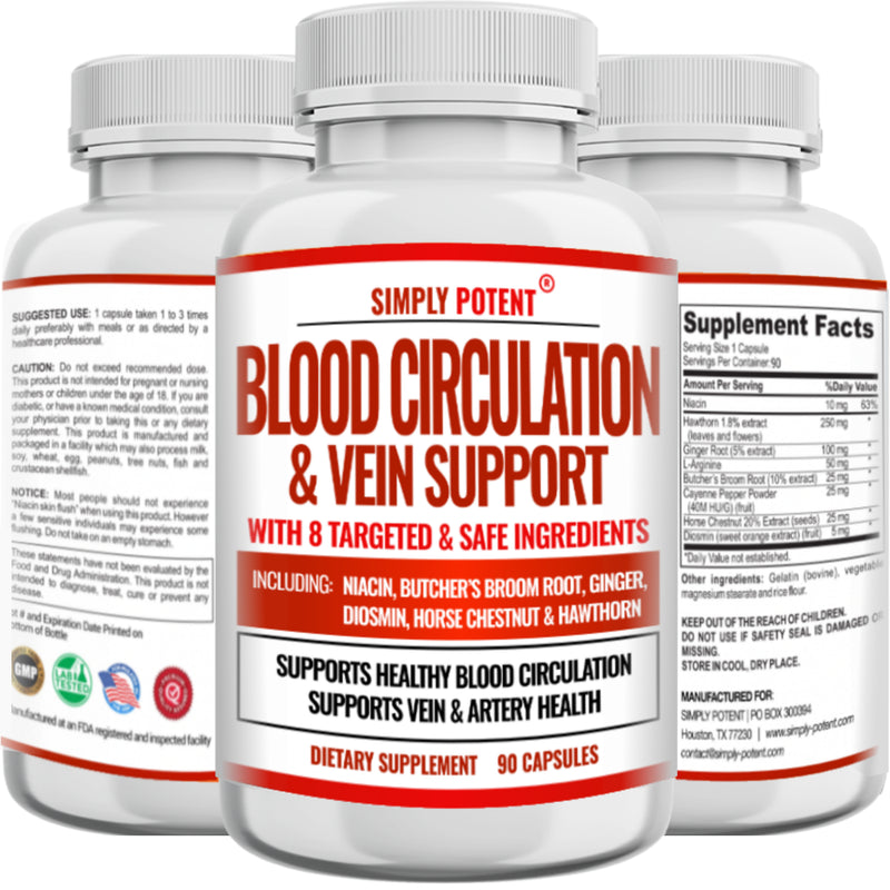Blood Circulation & Vein Support Supplement, 90 Caps, Helps Reduce Spider and Varicose Veins, Supports Vessels, Leg and Cardiovascular Health with Niacin, L-Arginine, Ginger, Cayenne Pepper, Hawthorn