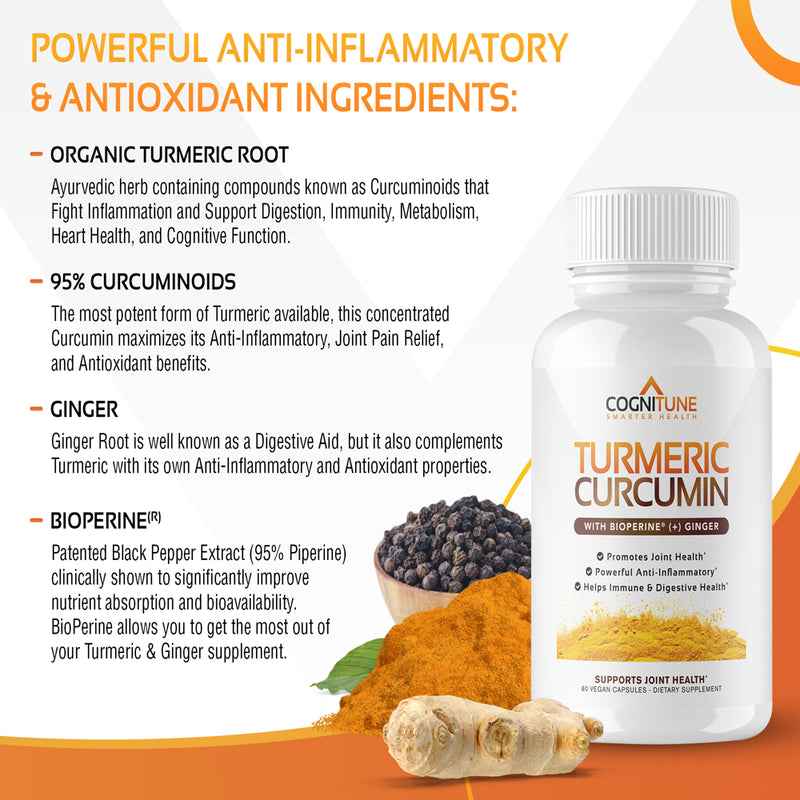 Organic Turmeric Curcumin (95% Curcuminoids)+Ginger & Bioperine; Potent Antioxidant, Joint Health Support, 1425Mg