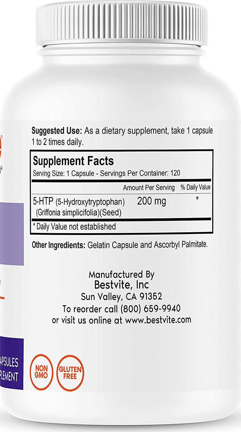 5-HTP 200mg per Capsule (120 Capsules) - No Stearates - No Flow Agents - Gluten Free - Non GMO