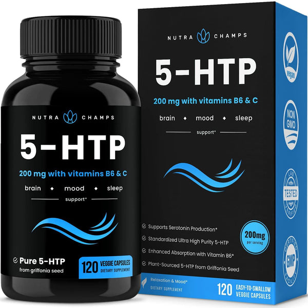 5-HTP Supplement 200mg - 120 Vegan Capsules - Natural Support for Brain, Mood Boost and Sleep Supplement - Calm and Relaxing Serotonin Boost - 5 HTP 100mg Pills with Vitamin B6 and Vitamin C