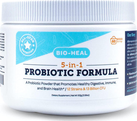 5-in-1 Bio-Heal Probiotic for Kids, Men and Women (Powder) - Best Supplement for Brain Function, Gut Health and Constipation - Shelf Stable and Fortified with Vitamins, Minerals and Prebiotics - All-Natural
