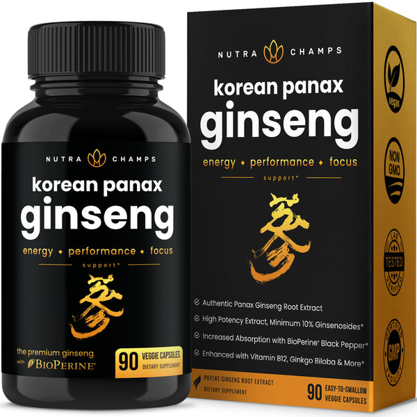 Nutrachamps Korean Red Panax Ginseng [Gold Series] Double Strength Root Extract 10% Ginsenosides Energy & Focus Pills with Ginkgo Biloba, Vitamin B12, Acetyl L-Carnitine & Bioperine - Vegan Capsules
