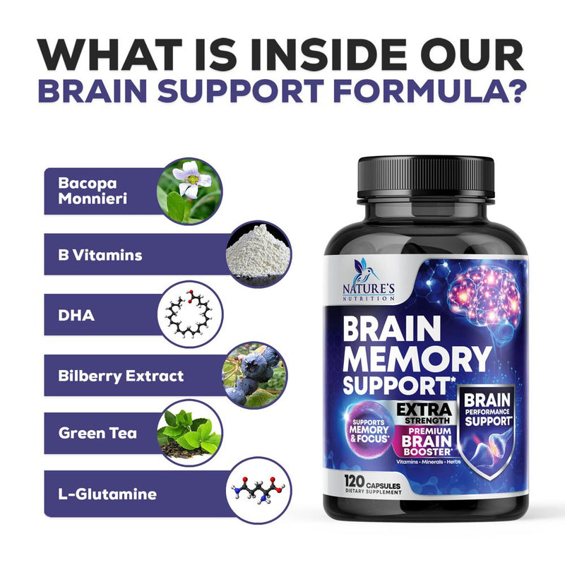 Nootropic Brain Supplement for Memory, Focus & Concentration + Cognitive Support, Brain Booster Supplement with Phosphatidylserine, DMAE Bacopa, Brain Vitamins for Men & Women, Non-Gmo - 60 Capsules