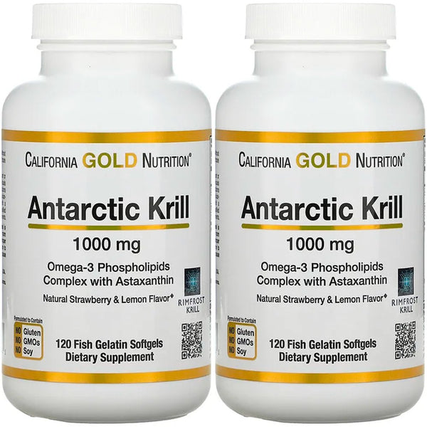 California Gold Nutrition Antarctic Krill Oil, Omega-3 Phospholipids with Naturally Occurring Astaxanthin, Natural Strawberry & Lemon Flavor, Non GMO, 1,000 Mg, 120 Fish Gelatin Softgels, 2 Pack