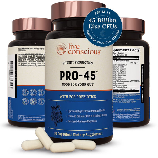 Live Conscious Pro-45 Probiotics for Digestive Health 45 Billion CFU, 500 Mg, 30Ct