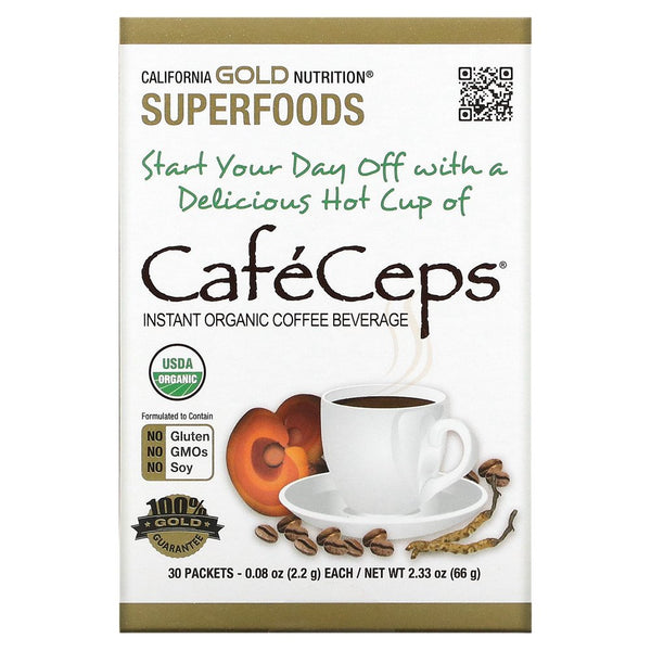 California Gold Nutrition Cafeceps, Certified Organic Instant Coffee with Cordyceps and Reishi Mushroom Powder, 30 Packets, 0.08 Oz (2.2 G) Each