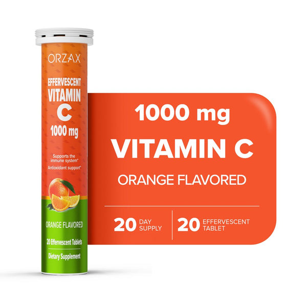 ORZAX Vitamin C 1000Mg, 20 Vegetable Effervescent Tablets, Orange Flavored