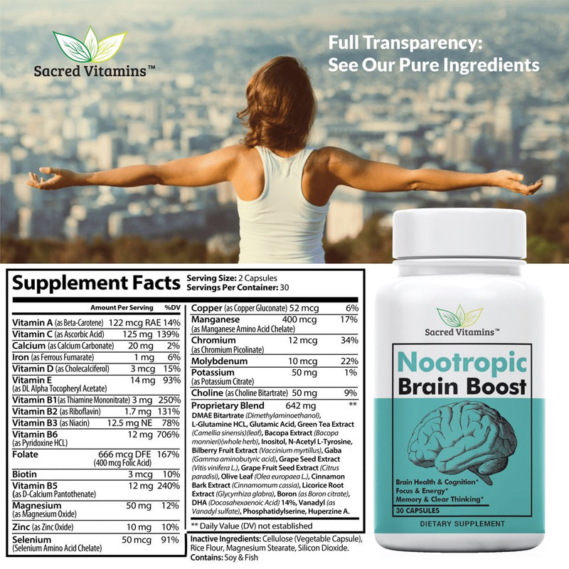 Premium Brain Booster Nootropic for Energy, Focus, Cognition, Memory Support, and Mood Boost - Complete Brain Supplement for Men and Women (2-Pack)