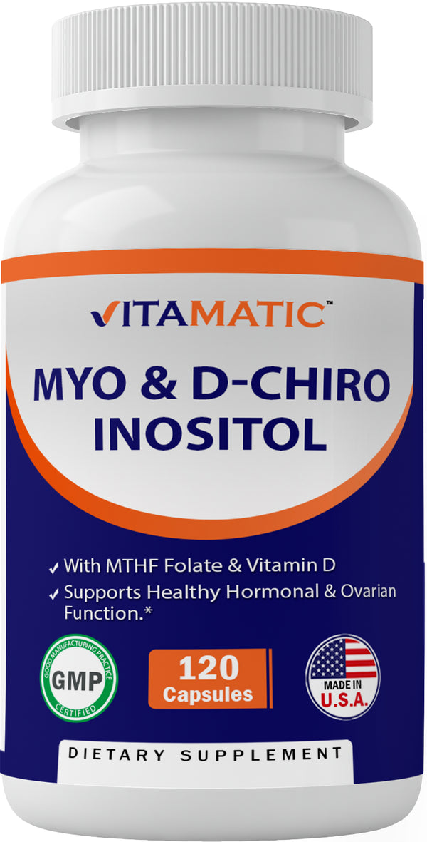 Vitamatic Myo-Inositol and D-Chiro Inositol plus Folate and Vitamin D, 2000Mg 120 Capsules Myo Inositol D Chiro Inositol Folate