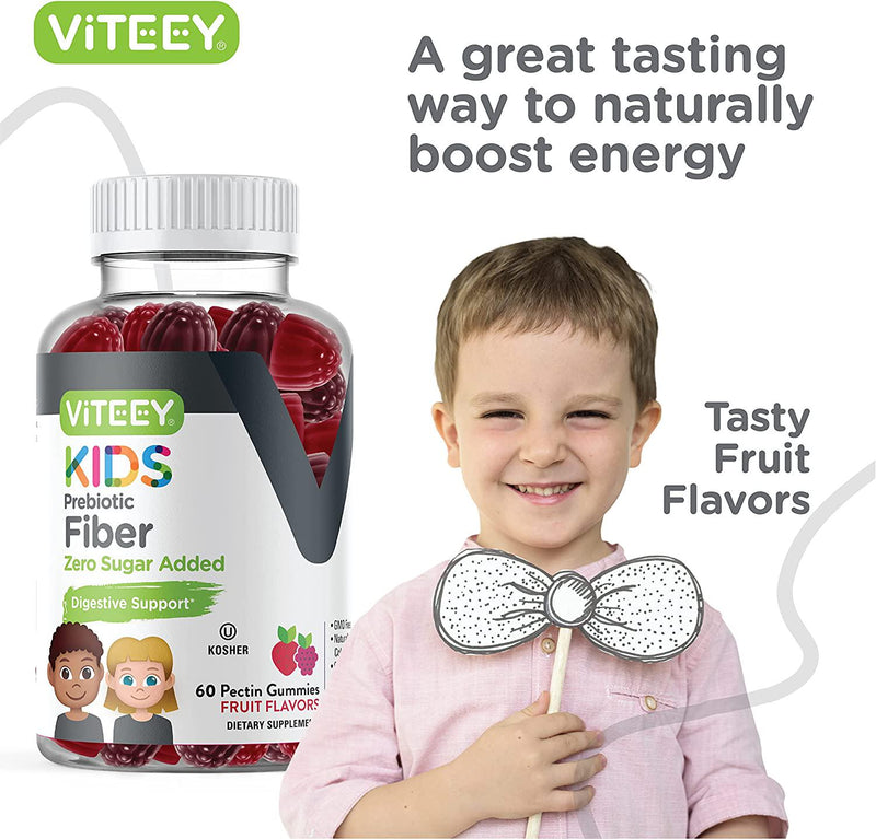 [60 Count] Fiber Prebiotic Gummies 4g for Kids Zero Sugar Added Digestive Heath Regularity Support, Natural Weight Support, Constipation Relief, Vegan Dietary Supplements, Fruit Flavor Chewable Gummy