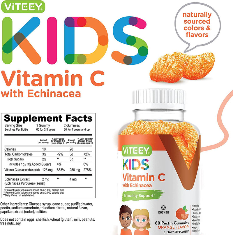[60 Count] Vitamin C Gummies Formulated for Kids Plus Echinacea [Immune Support Booster] Herbal Dietary Supplement, Vegan, Pectin, Gelatin Free, Gluten Free, Non GMO, Orange Flavor Chewable Gummy