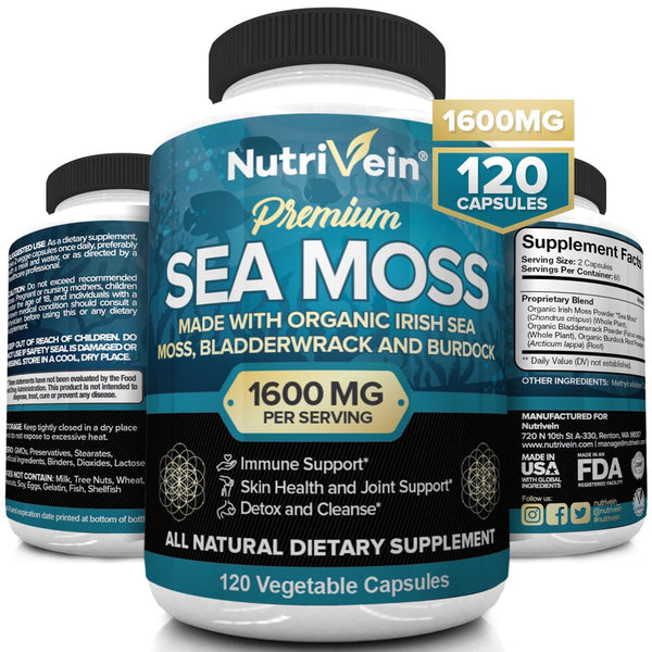 Nutrivein Organic Sea Moss 1600Mg - 120 Capsules - Keto Detox, Gut, Joint Support