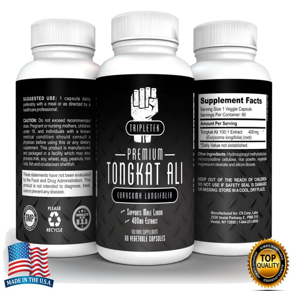 Tongkat Ali Extract 100:1 - Premium Natural Testosterone Booster, Potent 400Mg - Support Low T, Libido, Lean Muscle Mass, Overall Well-Being 180 Vcaps, 3 Bottle