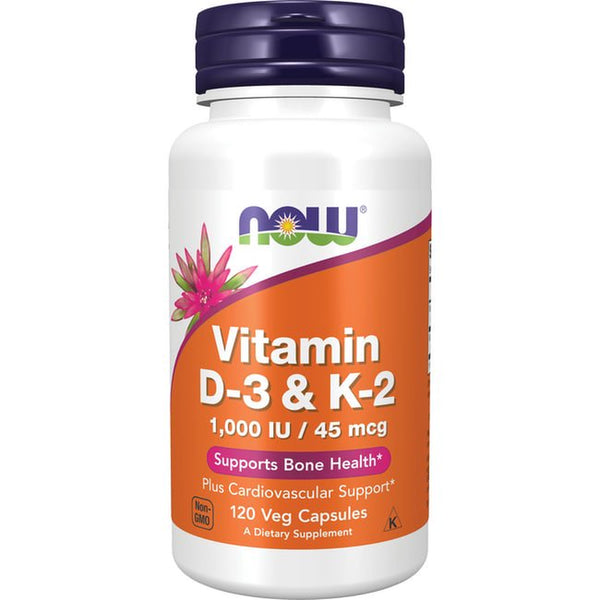 NOW Supplements, Vitamin D-3 & K-2, 1,000 IU/45 Mcg, plus Cardiovascular Support, Supports Bone Health, 120 Veg Capsules