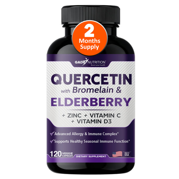 Gade Nutrition Quercetin with Vitamin C and Zinc, 500Mg, 120 Veggie Capsules - Quercetin with Bromelain & Ellderberry, Vitamin D3 - 6 in 1 Daily Immune Support