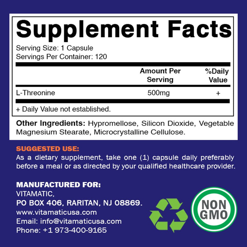 Vitamatic L-Threonine 500 Mg 120 Vegetable Capsules - Promotes Healthy Liver, Cardiovascular & Structural Function