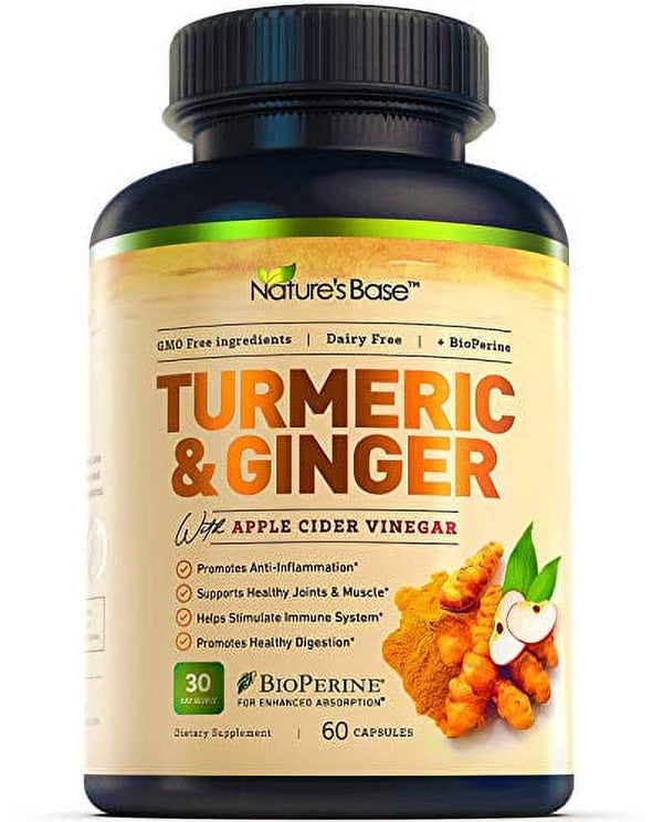 Turmeric Curcumin with Ginger & Apple Cider Vinegar, Bioperine Black Pepper, 95% Curcuminoids, Natural Joint & Healthly Inflammatory Support, Antioxidant Tumeric Supplement, Made in USA, Nature'S Base