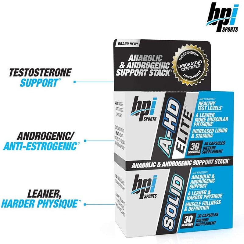 BPI Sports A-HD Elite/Solid Test Booster, Muscle Builder Stack, 60 Capsules